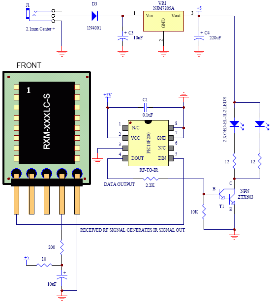 Figure #2: RF Receiver to Infrared Transmitter Circuit