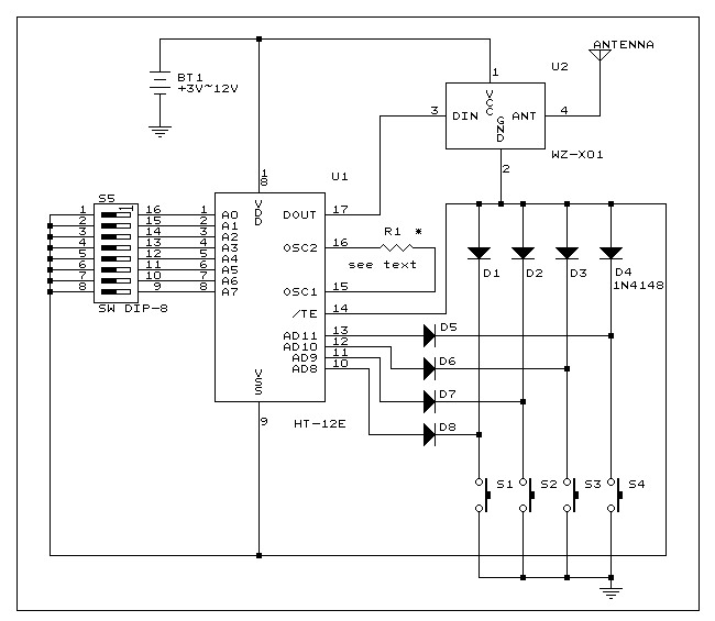 Figure 1. RF 4 channels remote transmitter circuit